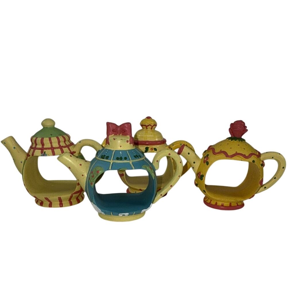 Mary Engelbreit Time for Tea Teapot Napkin Rings Set of 4 Hand Painted